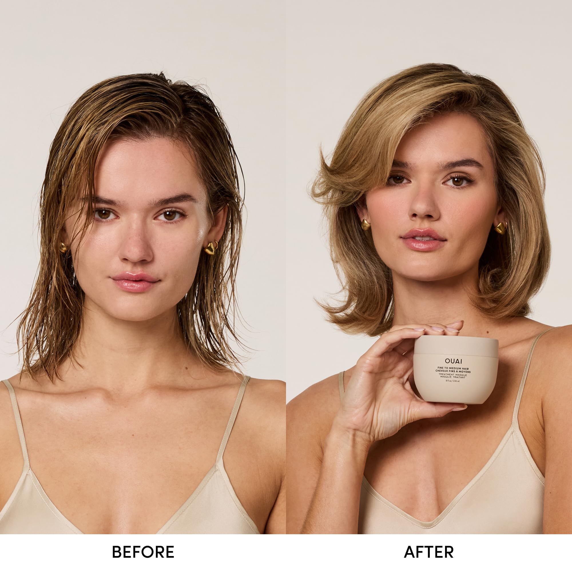 OUAI hair masque texture close-up shows rich cream that nourishes dry strands.