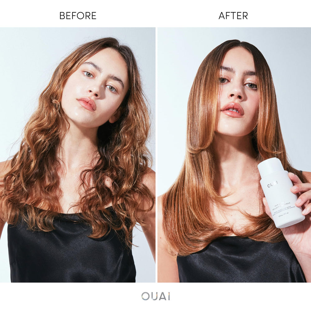 OUAI Hair Gloss applying mid-shaft to ends for sealed shine and frizz control.