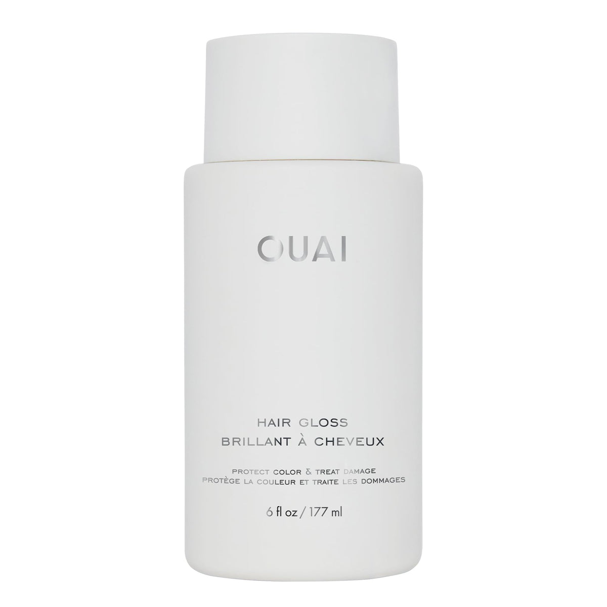 OUAI Hair Gloss bottle close-up showing in-shower shine-boosting treatment.