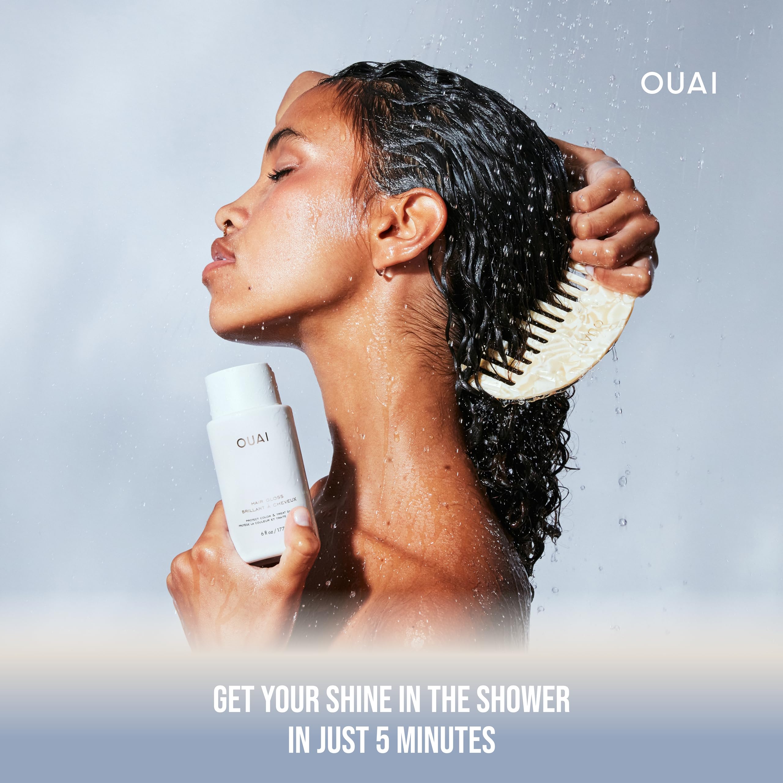 OUAI Hair Gloss under sunlight shows enhanced color vibrancy.