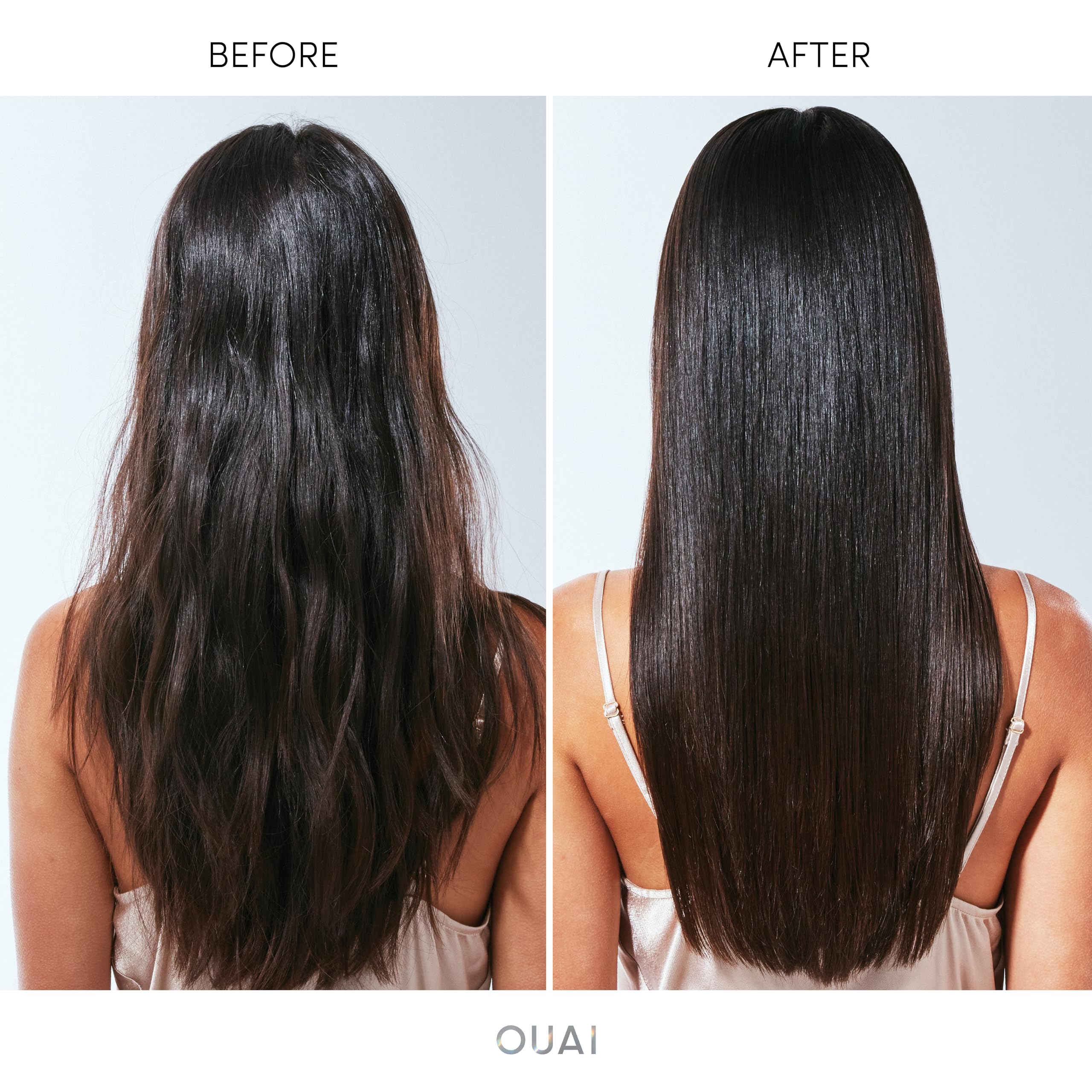 OUAI Hair Gloss display highlighting heat protection up to 450°F for styling.