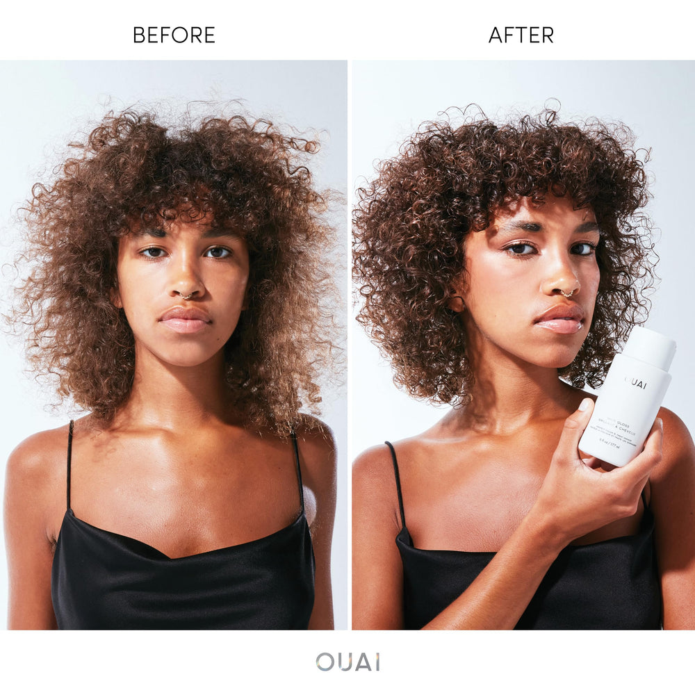 OUAI Hair Gloss close-up featuring Hyaluronic Acid and Rice Water for moisture.