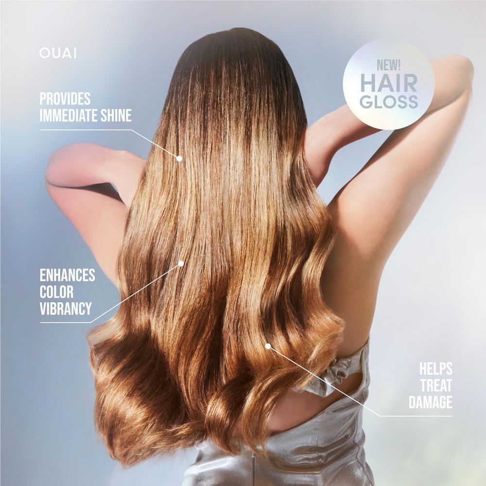 OUAI Hair Gloss on hair reveals a glassy shine and smooth texture.