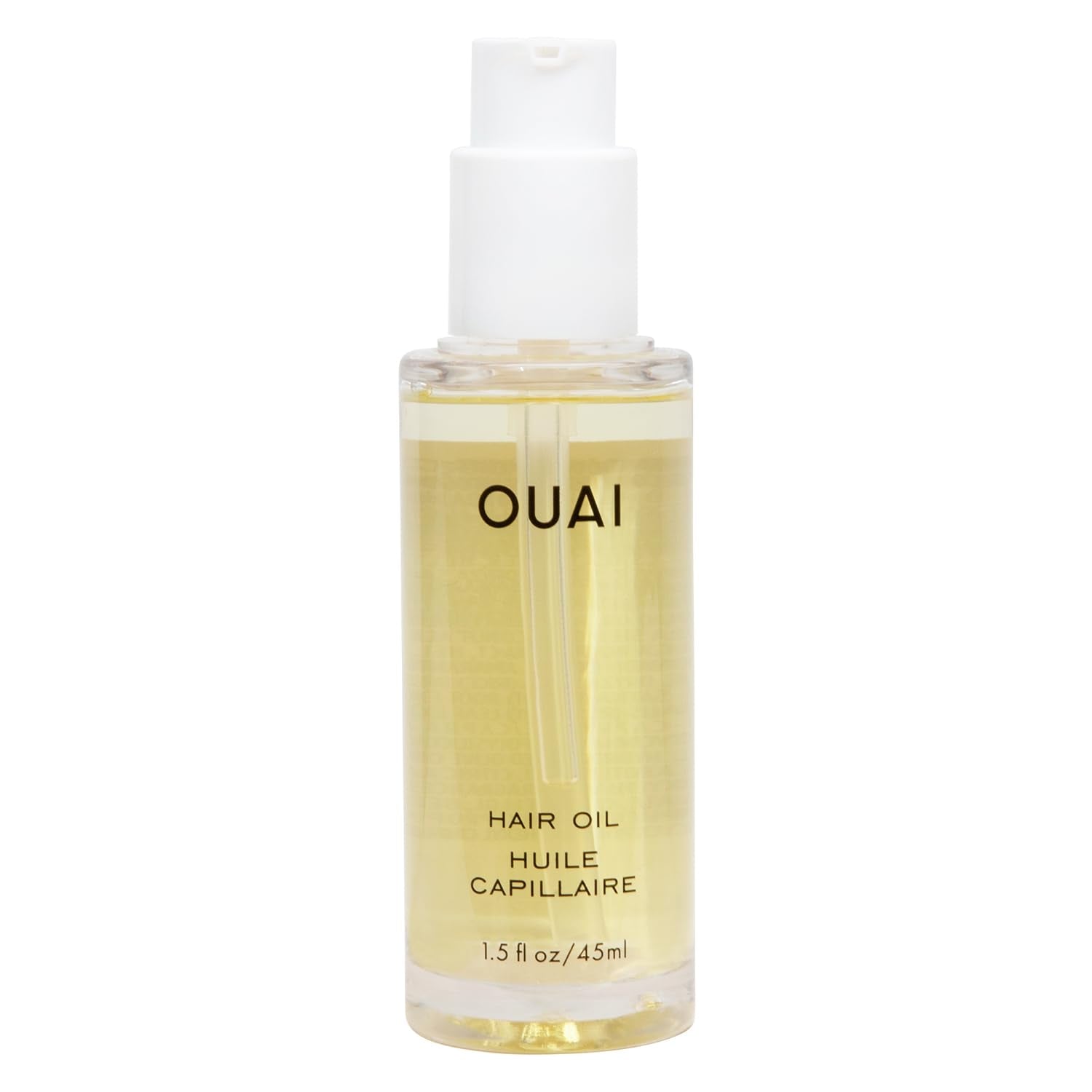 OUAI Hair Oil bottle with gloss finish promotes smooth, shiny hair.