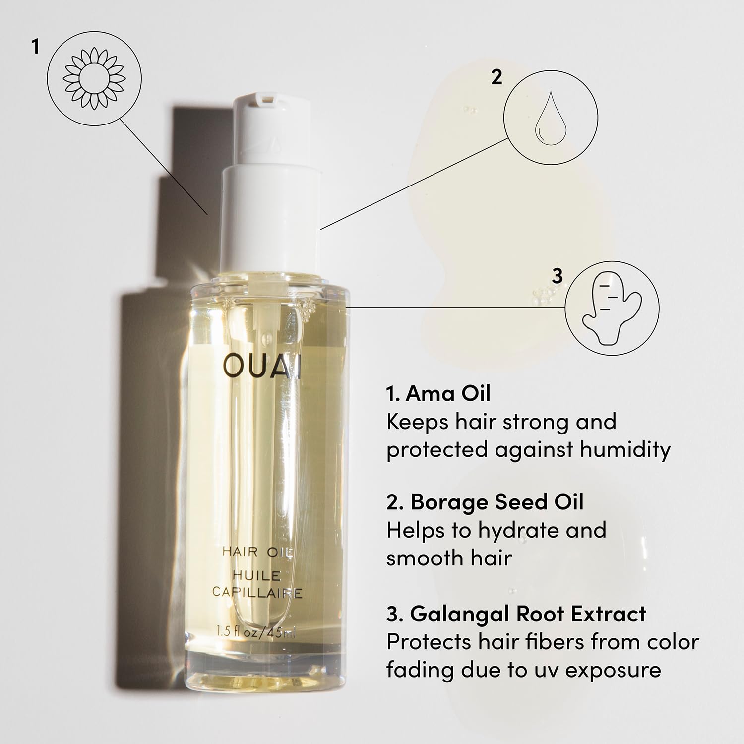 OUAI Hair Oil highlights Ama oil and Baobab benefits for nourishment.