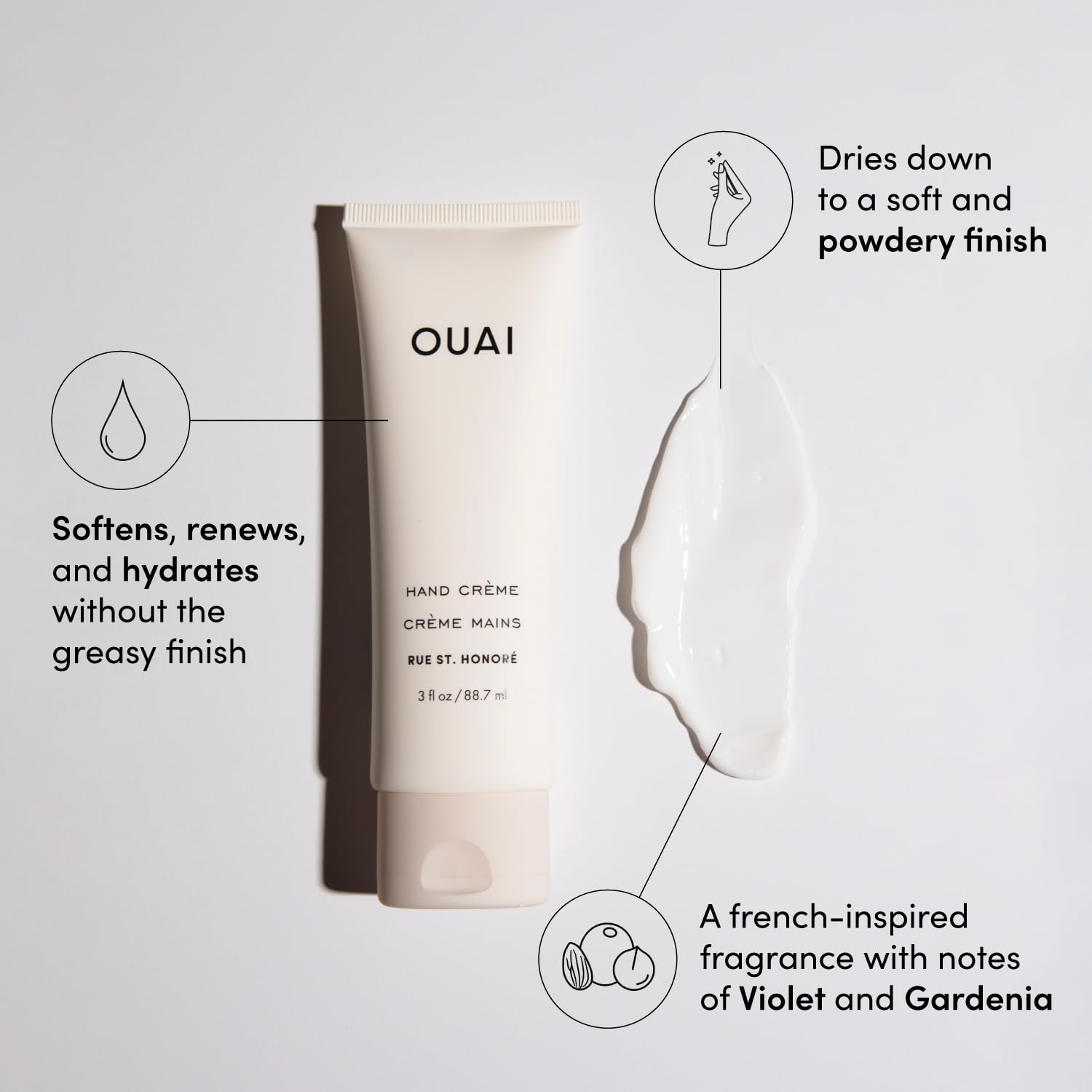 OUAI Hand Cream texture closeup reveals creamy balm for smooth hydration without greasiness