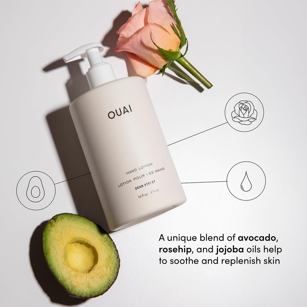 OUAI Hand Lotion close-up showcases fast absorbing, non greasy texture.