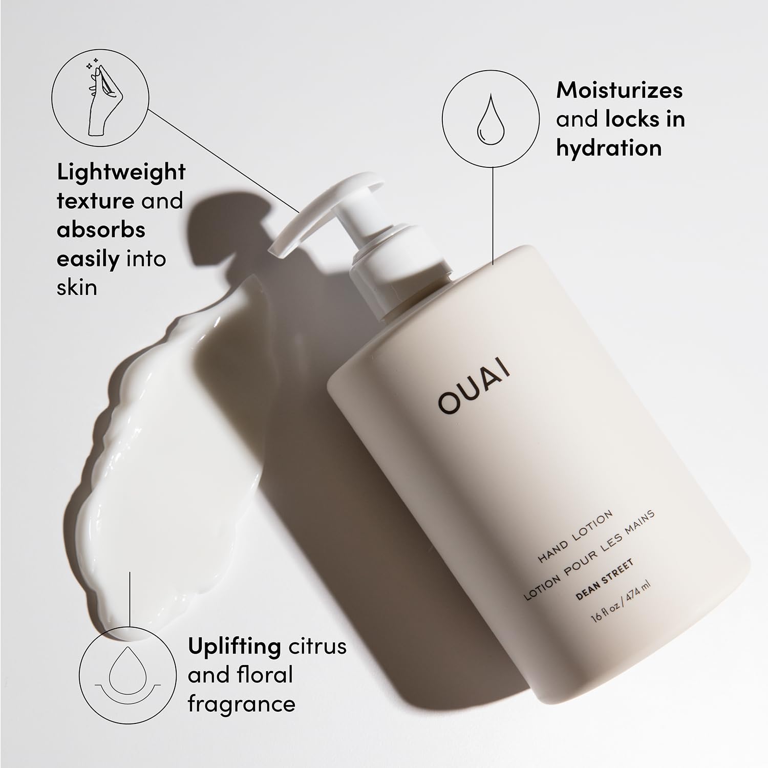 OUAI hand lotion avocado oil hydrates dry skin with lasting moisture.