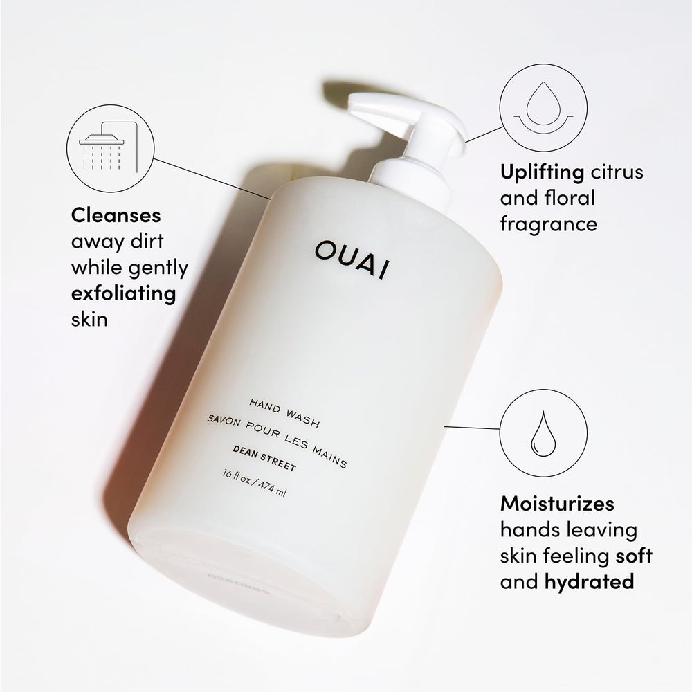 OUAI Hand Wash Dean Street label close-up highlights jojoba exfoliation.