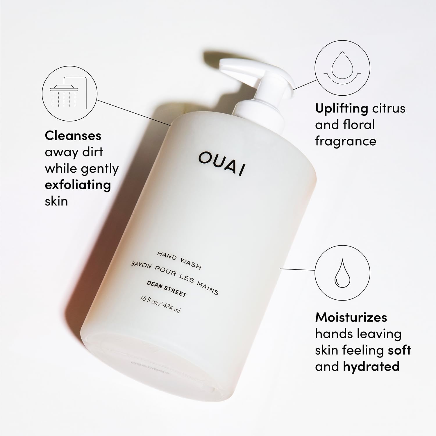 OUAI Hand Wash Dean Street foamy lather demonstrates gentle cleansing.