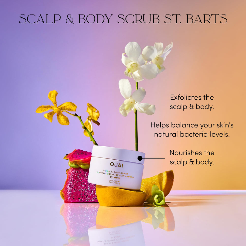 OUAI ingredients frame shows sugar crystals and coconut oil for gentle cleansing.