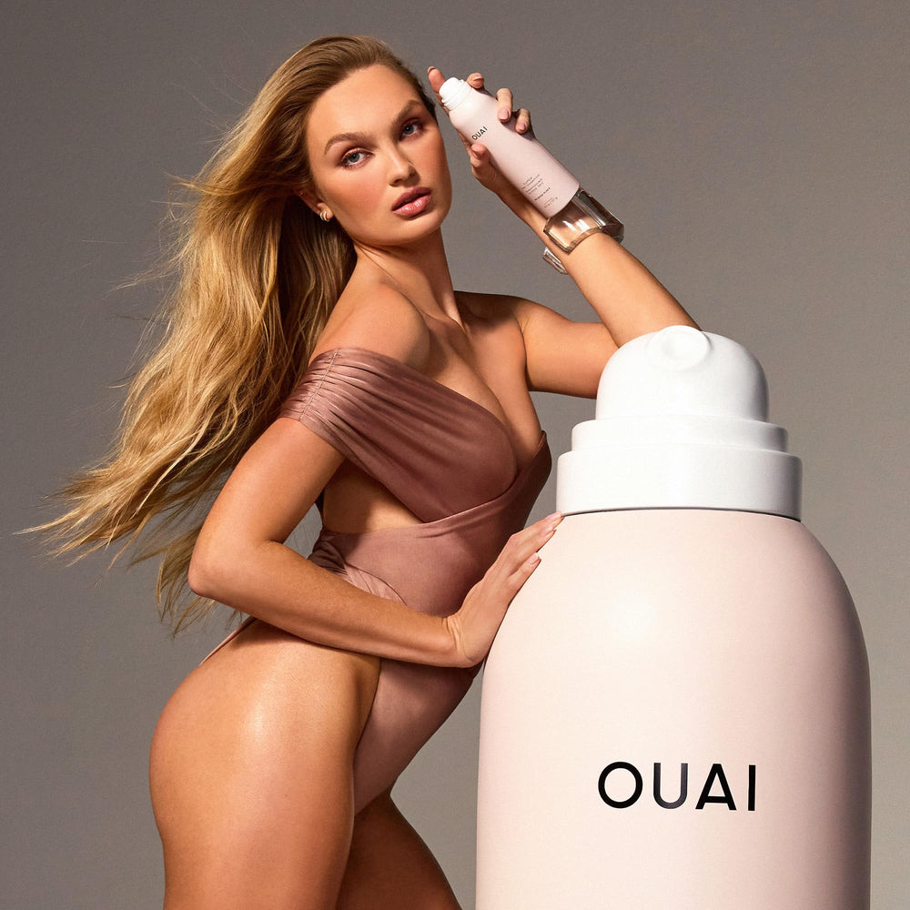 OUAI luxury hair-care display reinforces quality and everyday confidence.