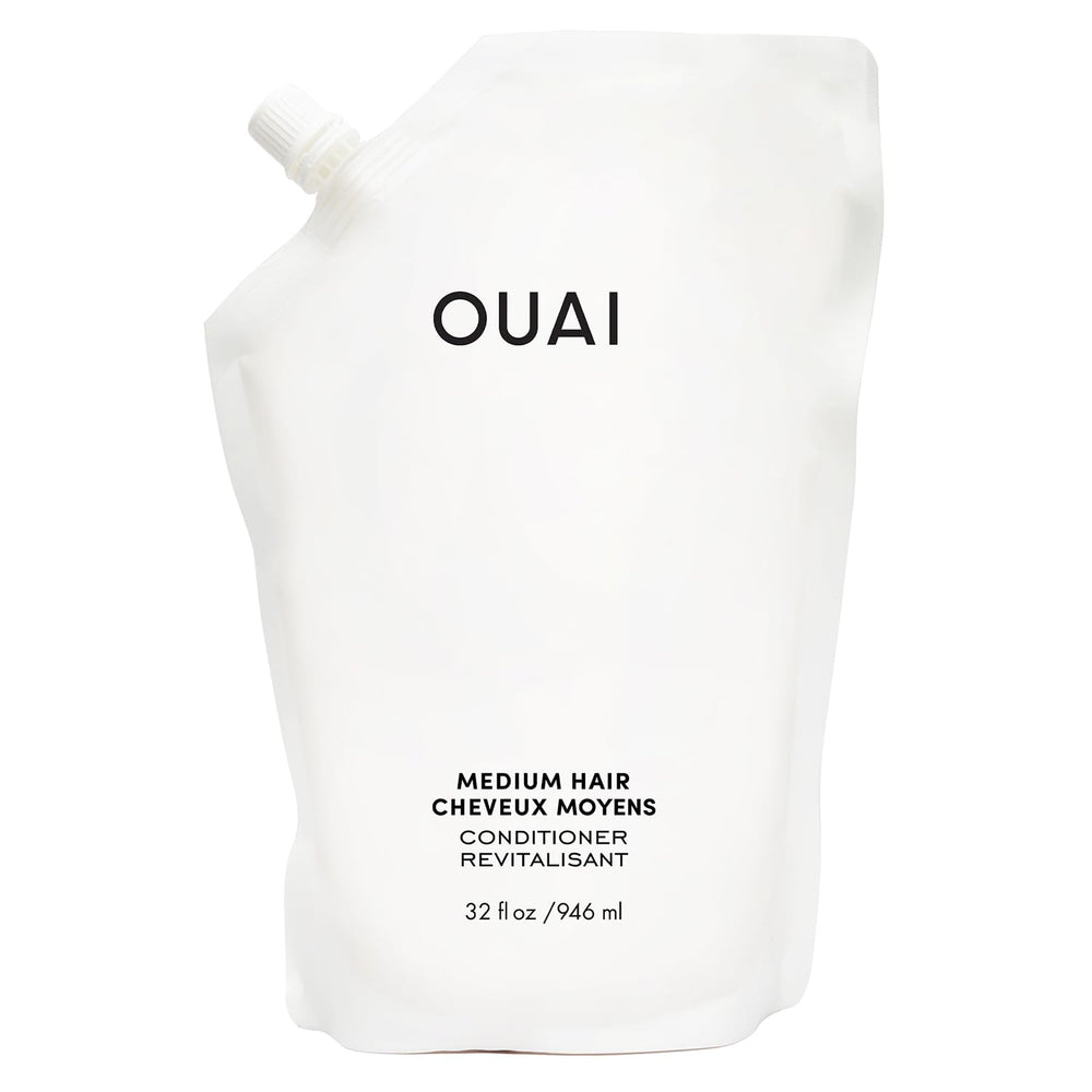 OUAI medium conditioner refill bottle pour shows weightless hydration for dry hair.