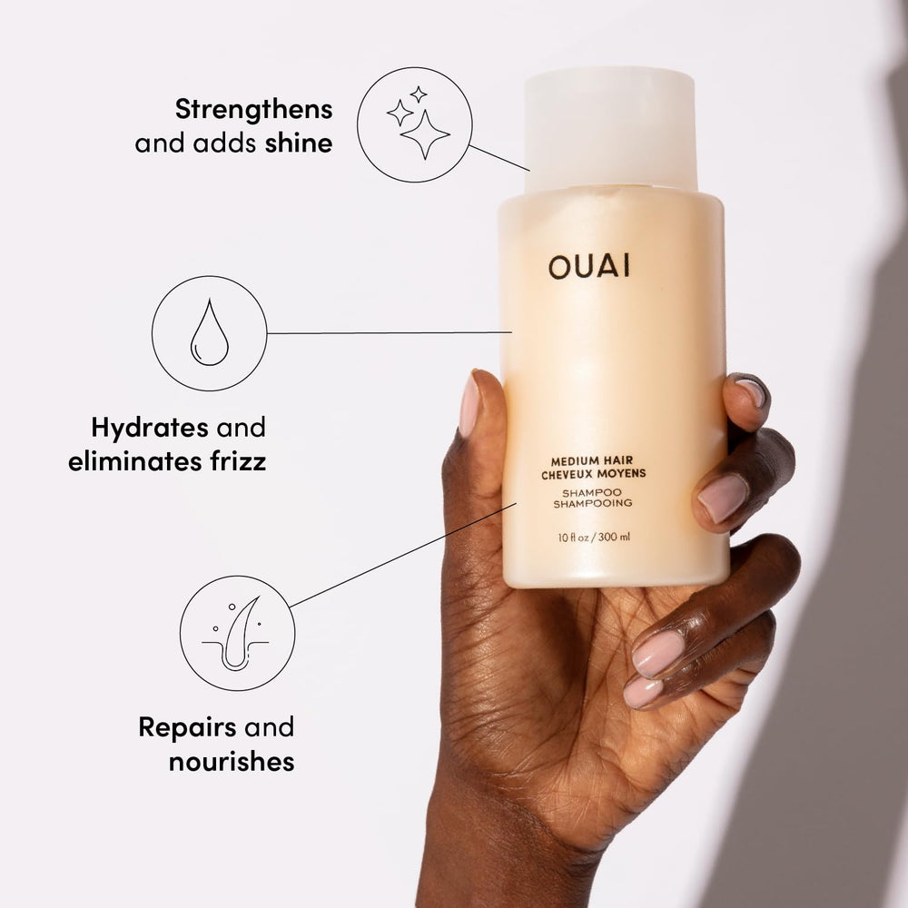 OUAI Medium Shampoo bottle closeup highlighting keratin infusion
