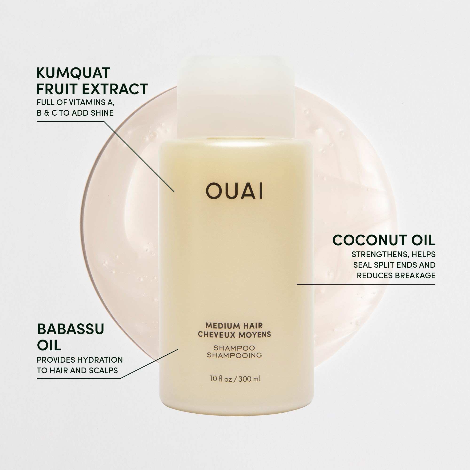 OUAI Medium Shampoo Travel Size keratin kumquat coconut oil ingredients highlighted.