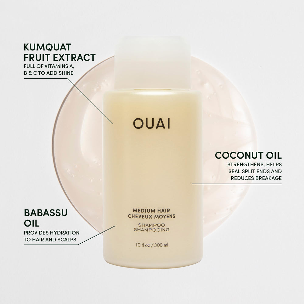 OUAI Medium Shampoo Travel Size keratin kumquat coconut oil ingredients highlighted.