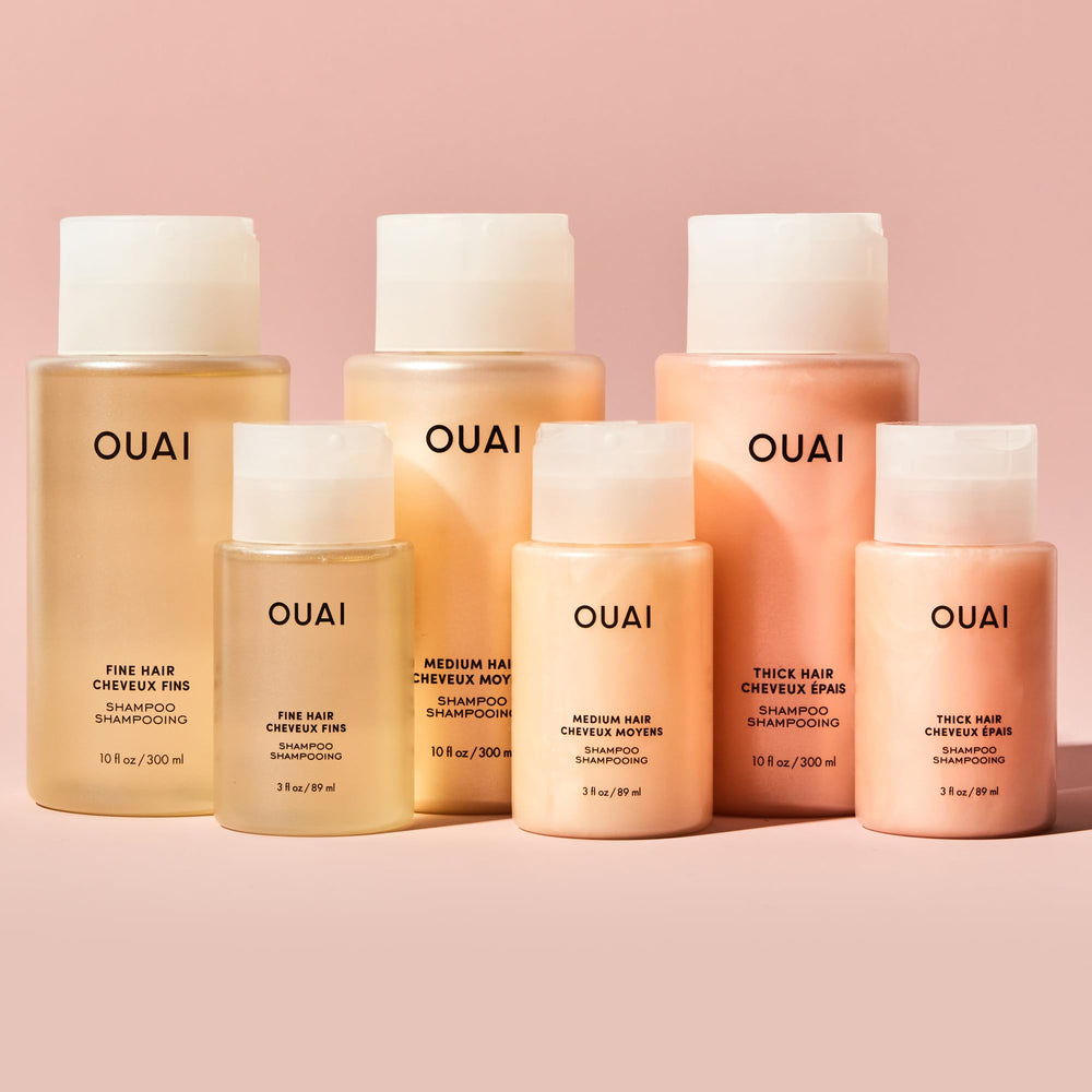 OUAI Medium Shampoo Travel Size after-use hair with shine.