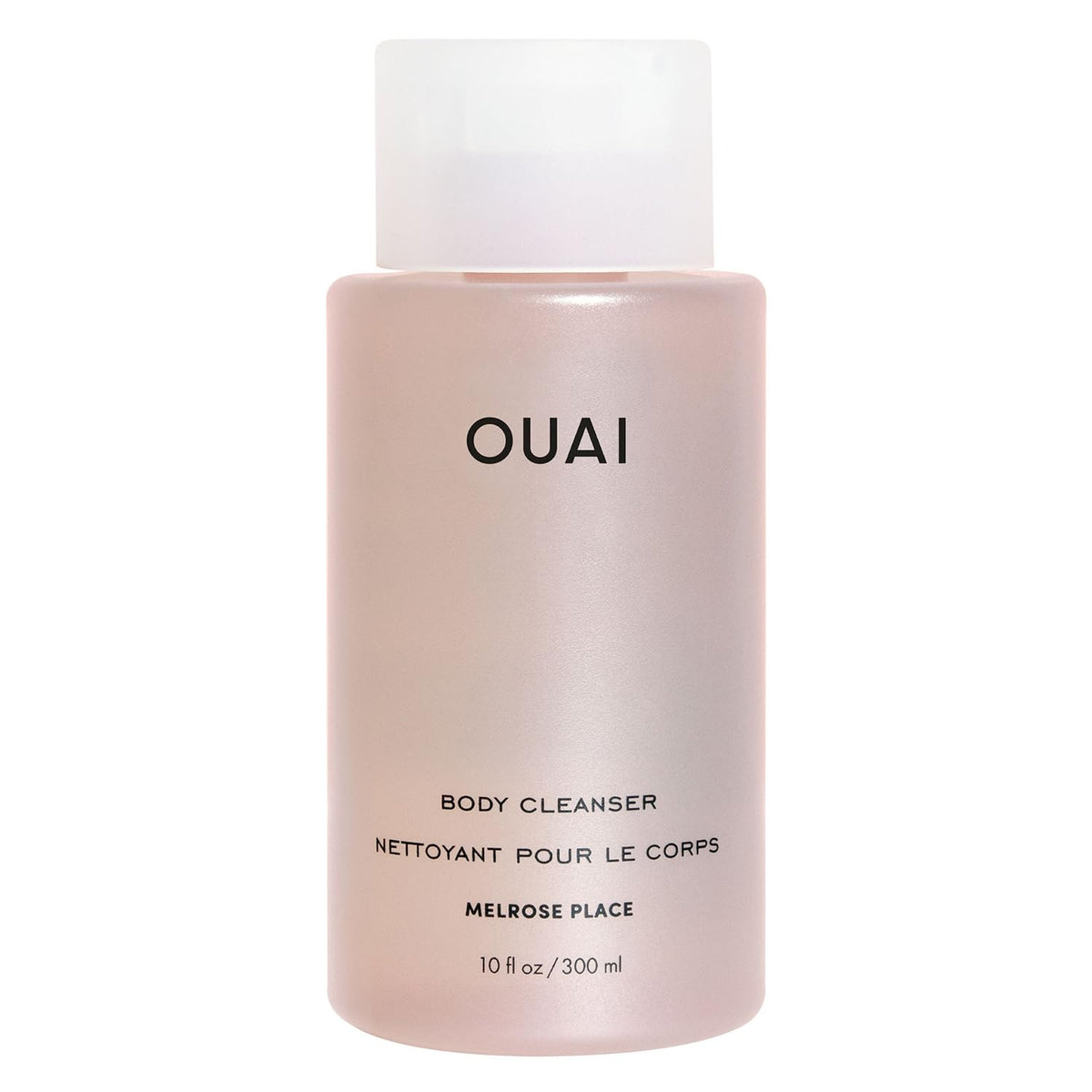 OUAI Melrose Place body cleanser bottle shows foaming lather for hydrating cleanse