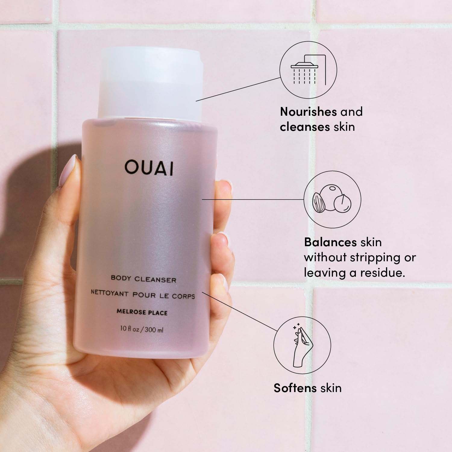 OUAI Melrose Place foaming lather close-up for luxe shower experience