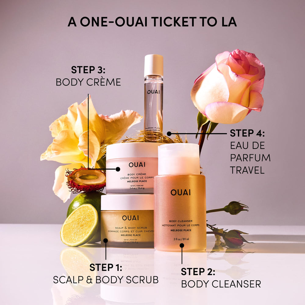 OUAI Melrose Place shower routine on-the-go shows daily cleansing.