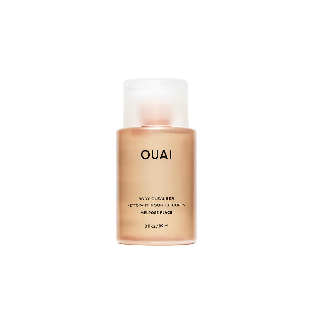 OUAI Melrose Place travel-size bottle pour shows hydrating cleanse on the go.