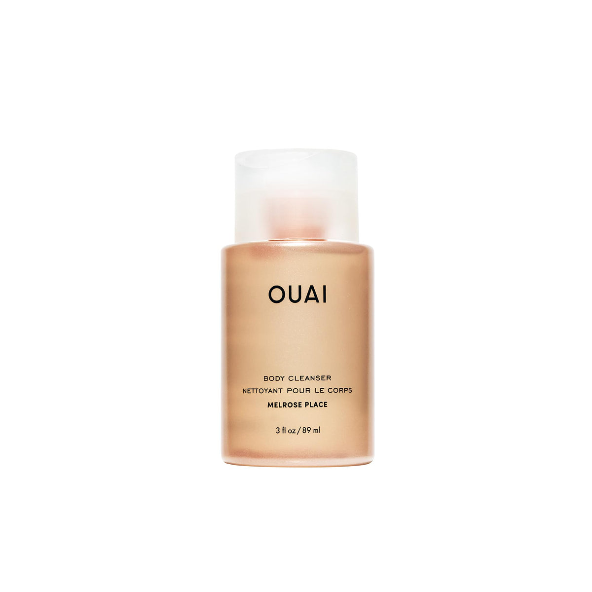 OUAI Melrose Place travel-size bottle pour shows hydrating cleanse on the go.