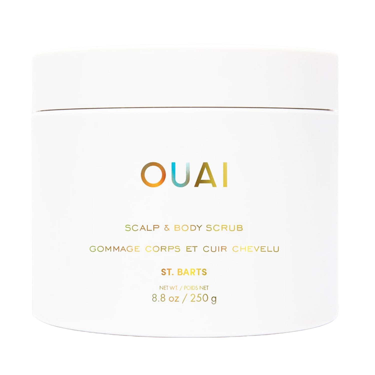 OUAI Scalp & Body Scrub bottle shows dual-action exfoliation for scalp and skin.