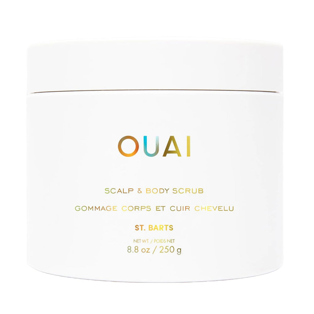 OUAI Scalp & Body Scrub bottle shows dual-action exfoliation for scalp and skin.