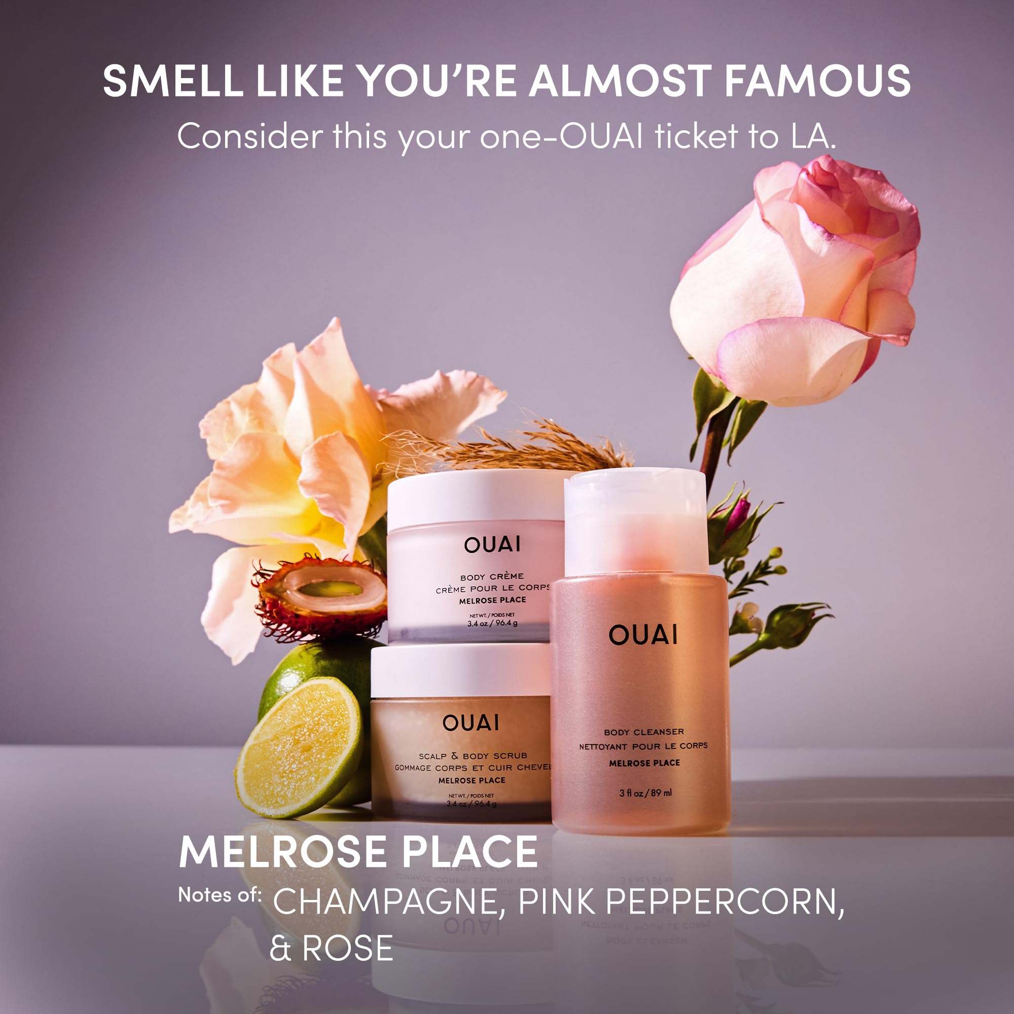 OUAI Melrose Place bottle close-up shows exfoliating sugar and coconut oil formula.