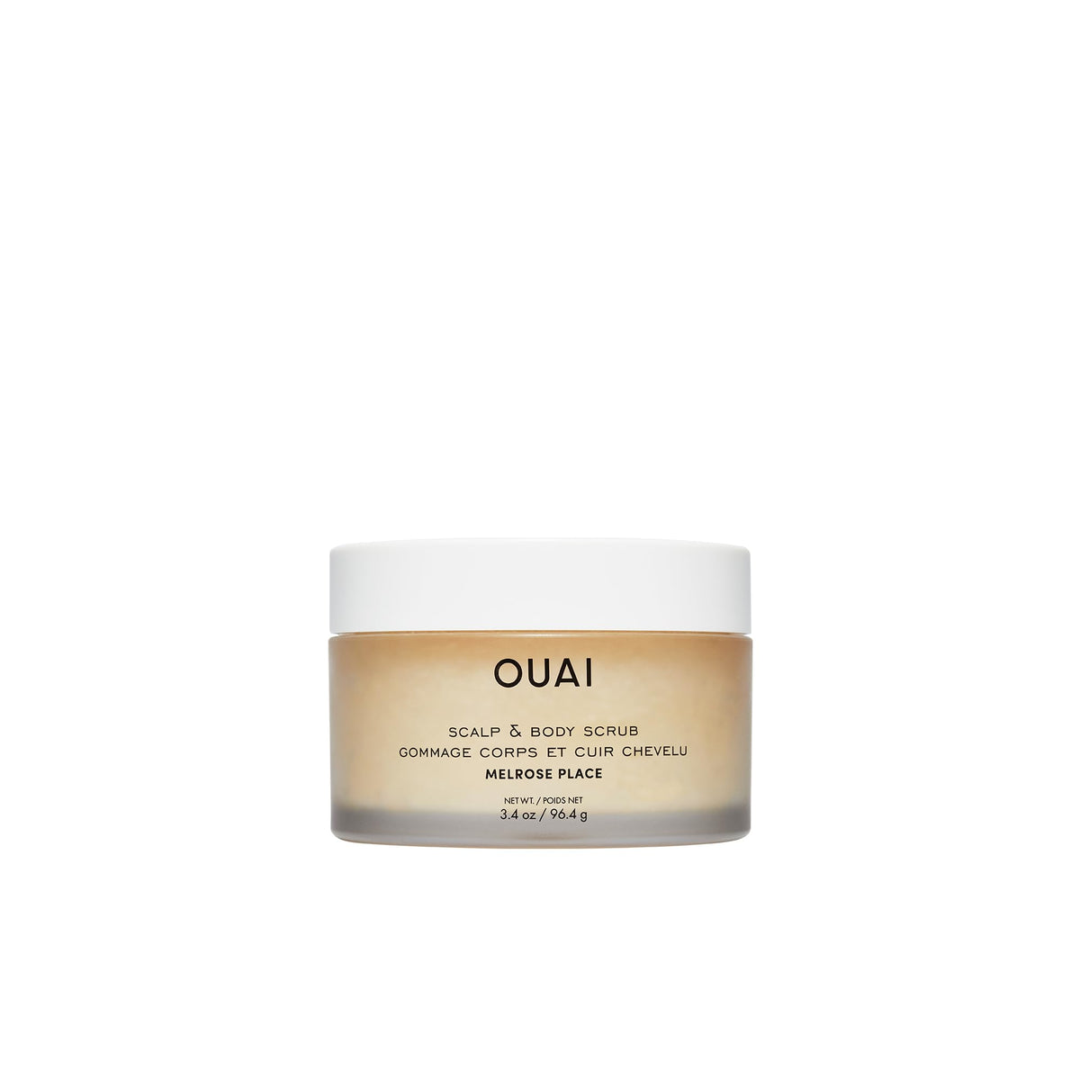 OUAI Scalp & Body Scrub Melrose Place packaging highlights travel-size convenience.