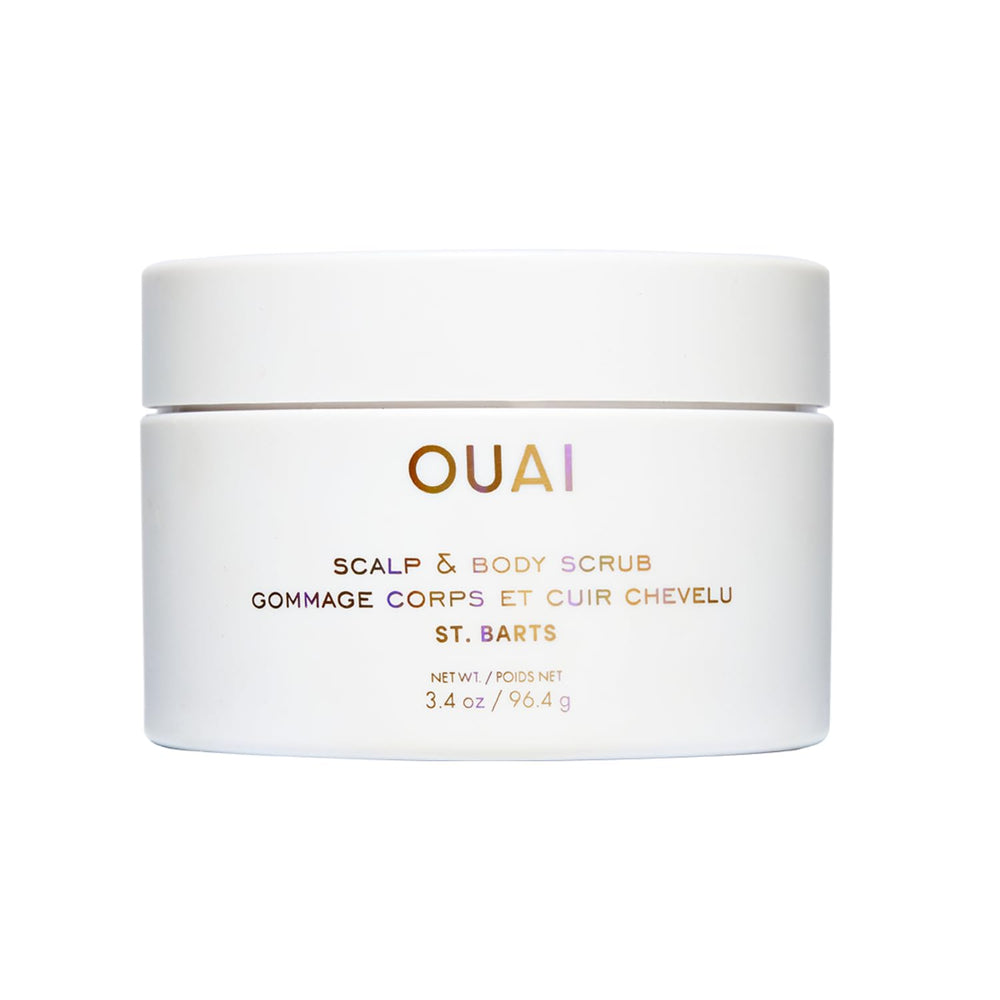 OUAI Scalp & Body Scrub St. Barts bottle—travel-friendly exfoliation for scalp and skin.