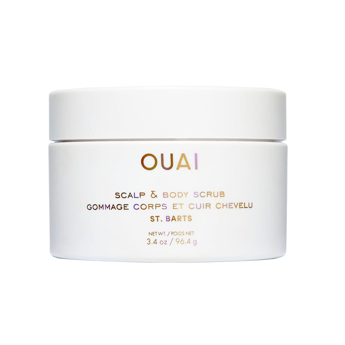 OUAI Scalp & Body Scrub St. Barts bottle—travel-friendly exfoliation for scalp and skin.