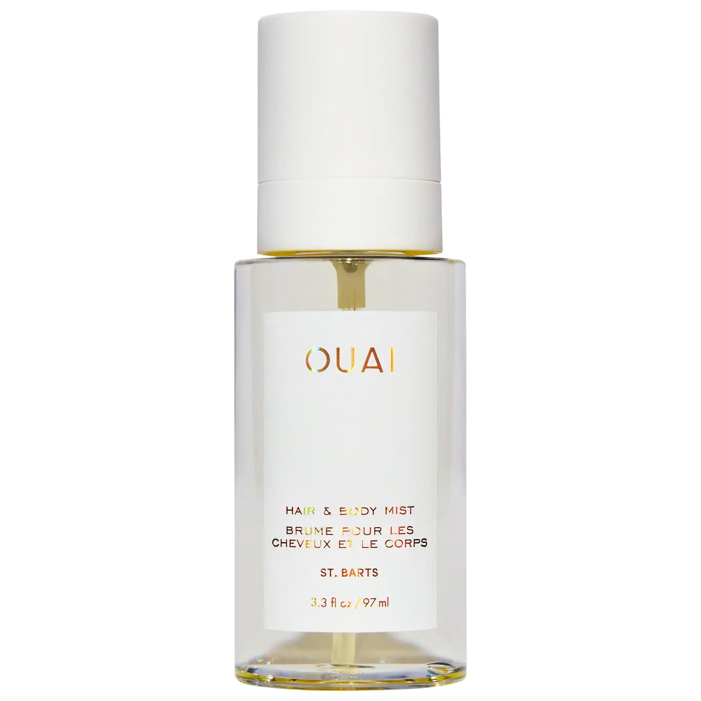 OUAI St. Barts hair and body mist bottle close-up showcasing tropical scent