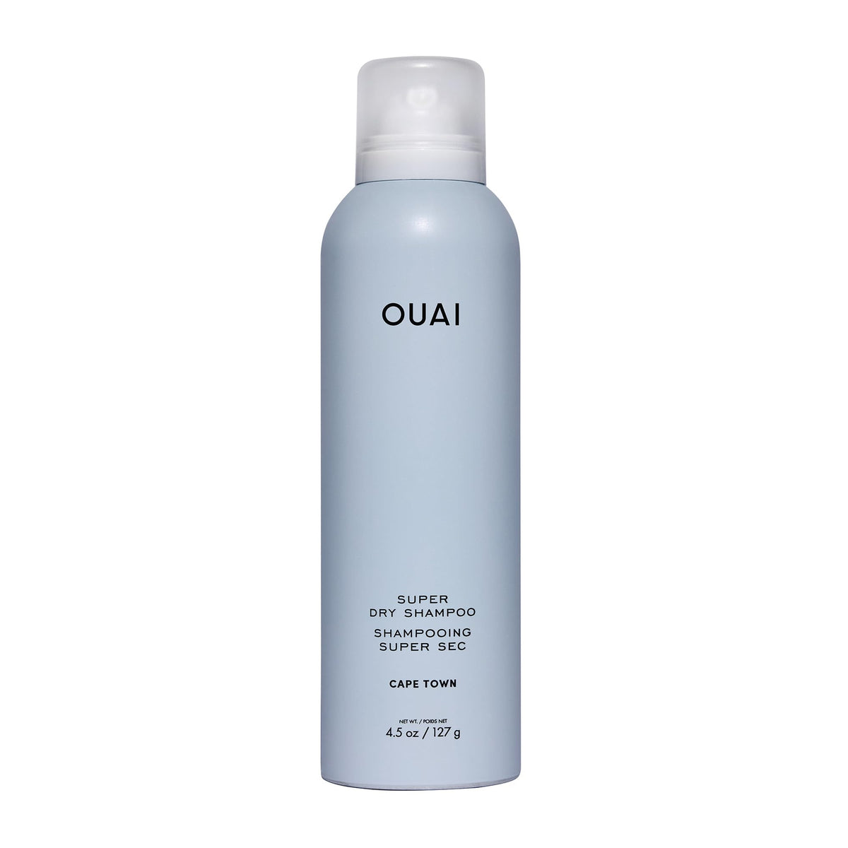 OUAI Super Dry Shampoo bottle pour showing quick oil absorption for refreshed hair