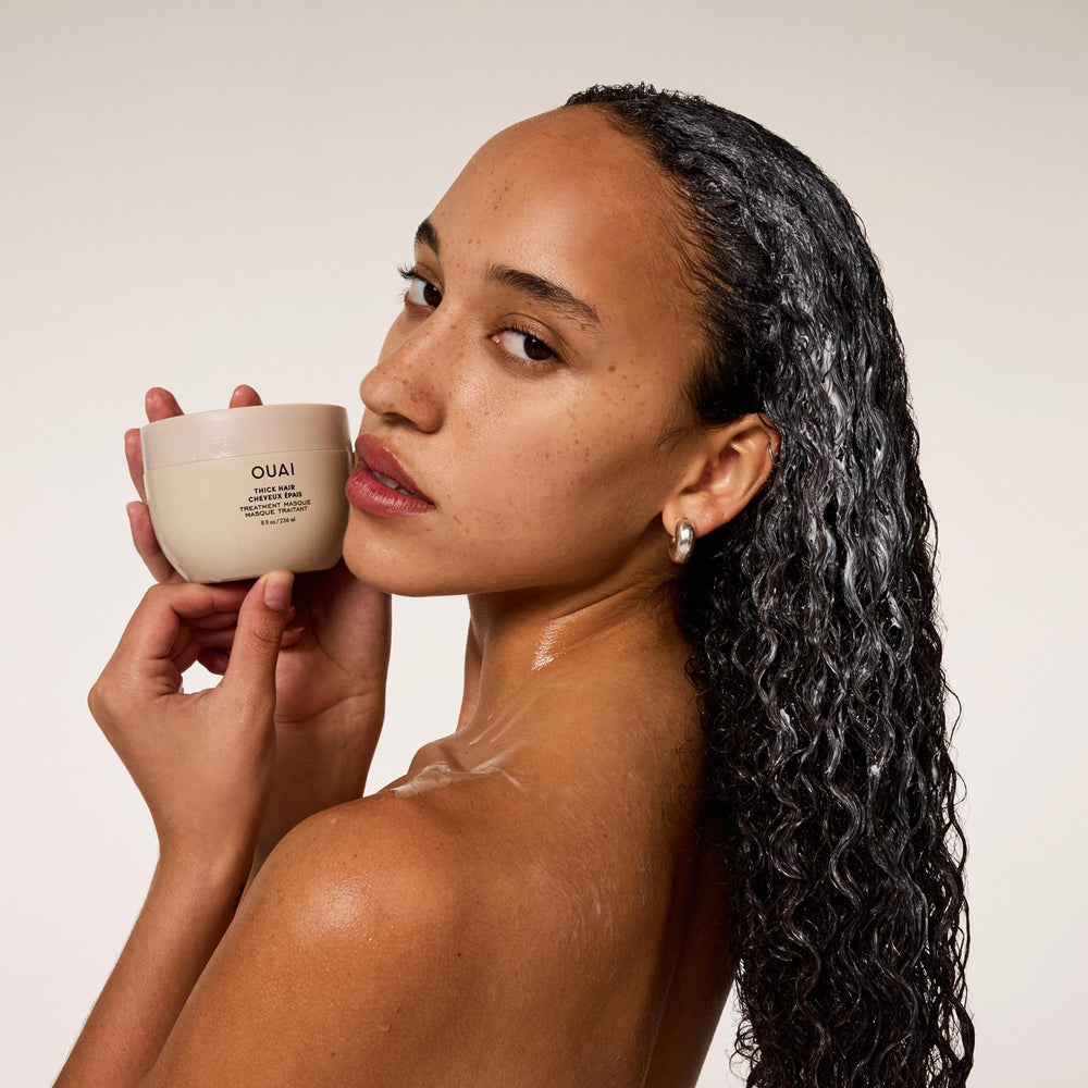 Overnight conditioning setup with OUAI Thick Hair Mask for deep repair.