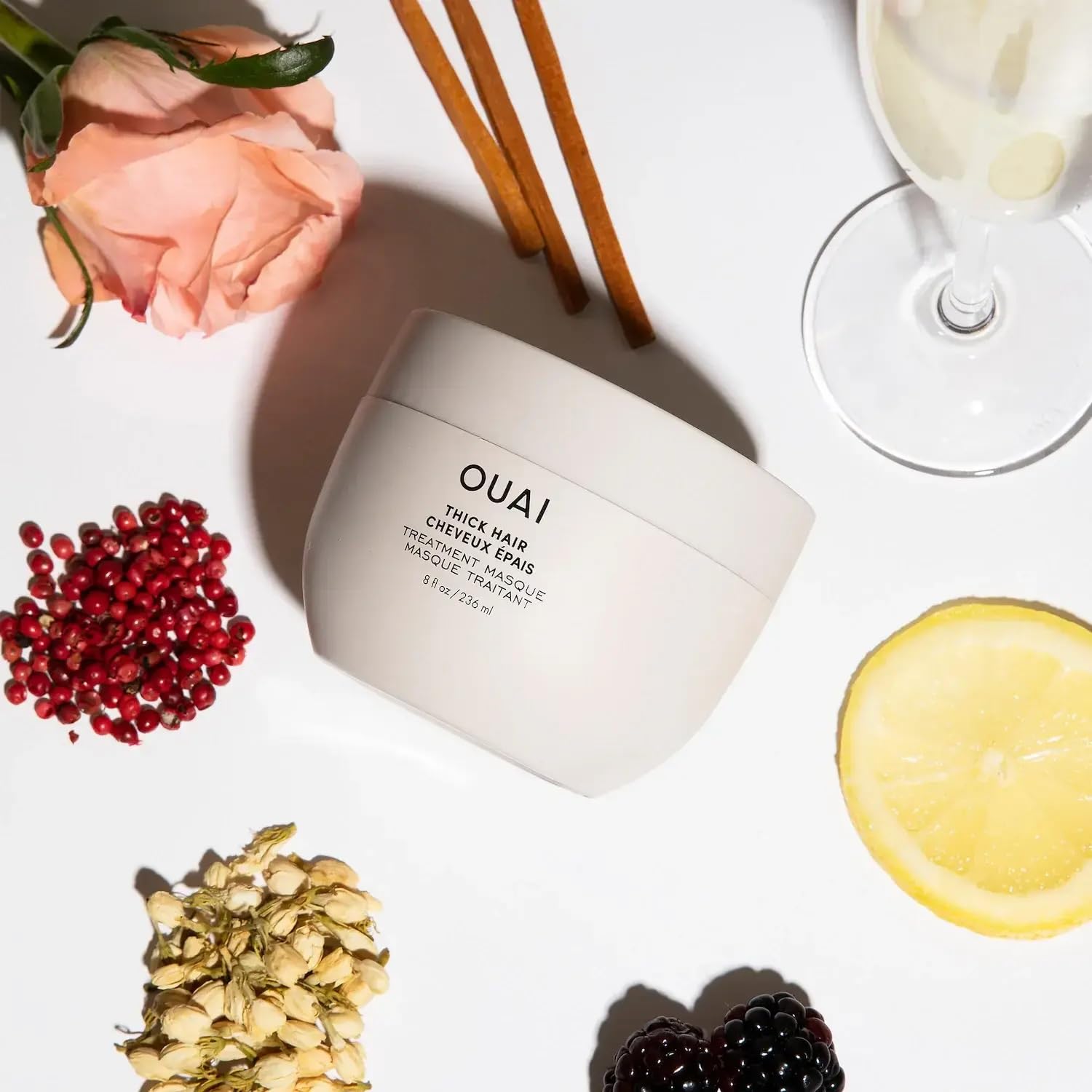 Melrose Place scented OUAI Thick Hair Mask tub highlighting fragrance.