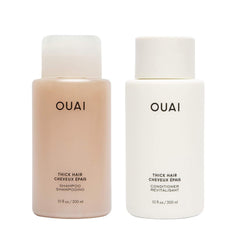 OUAI Thick Hair Shampoo bottle with sulfate-free formula for hydrated, frizz-controlled strands.
