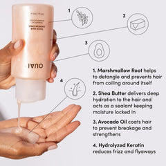 OUAI Thick Shampoo texture close-up shows creamy lather ready for wash day.