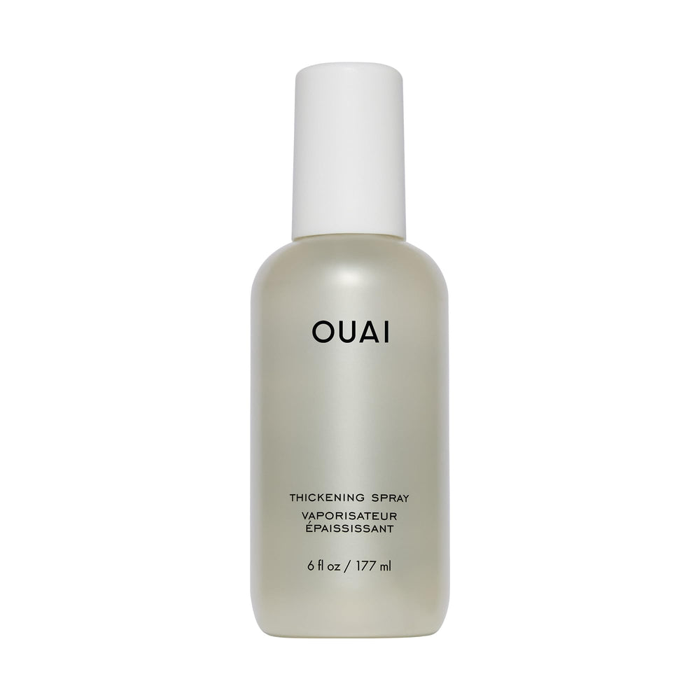 OUAI Thickening Spray damp hair application shows instant root lift for fuller results.