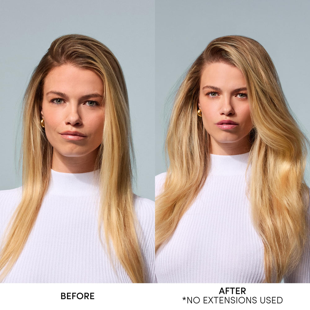 OUAI Thickening Spray heat-protection allows 450°F styling with added thickness.