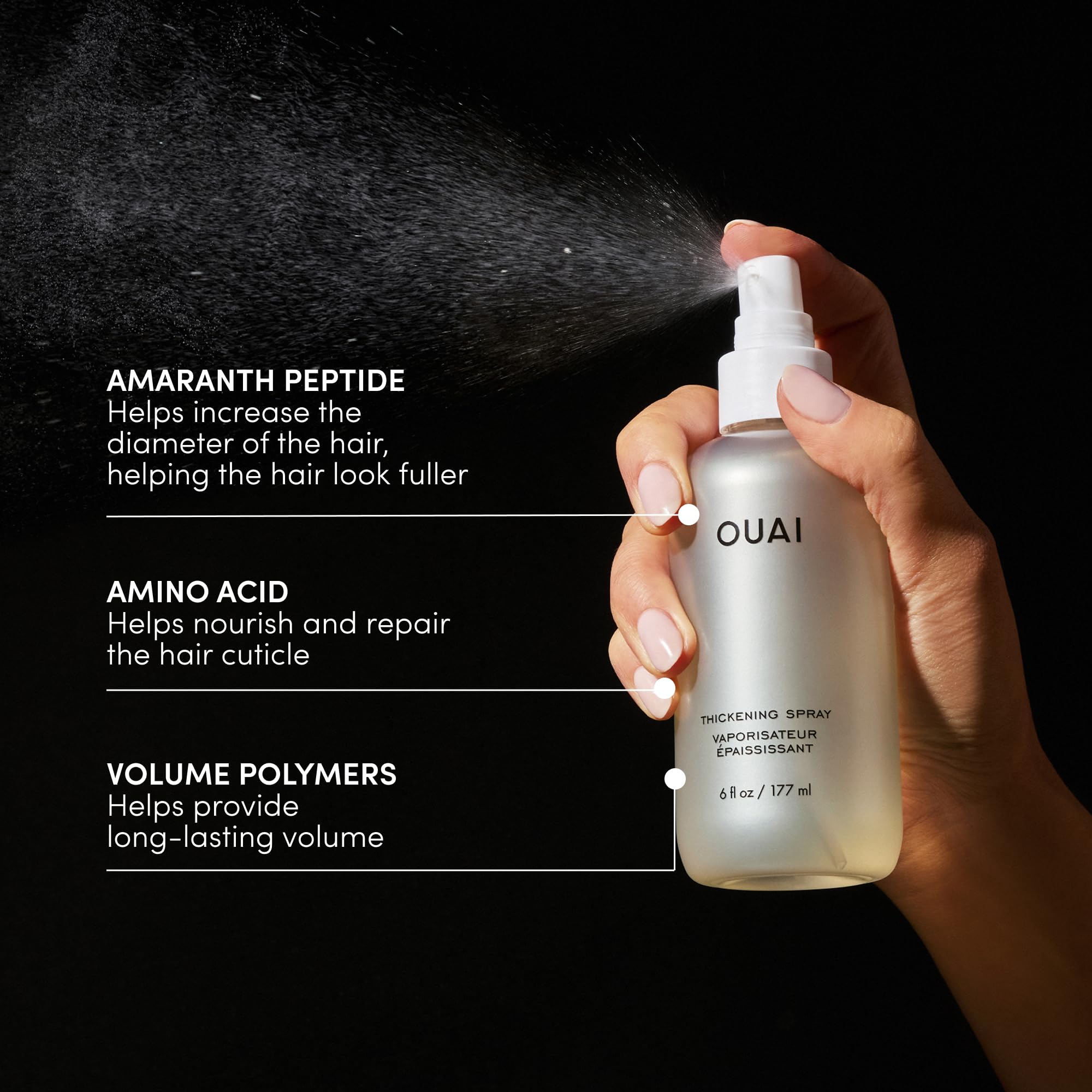 OUAI Thickening Spray packaging and user-friendly nozzle aids quick, even application.