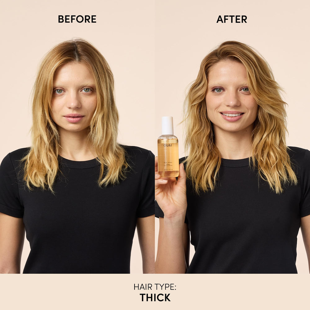OUAI Travel Size Wave Spray application close-up highlights easy styling.
