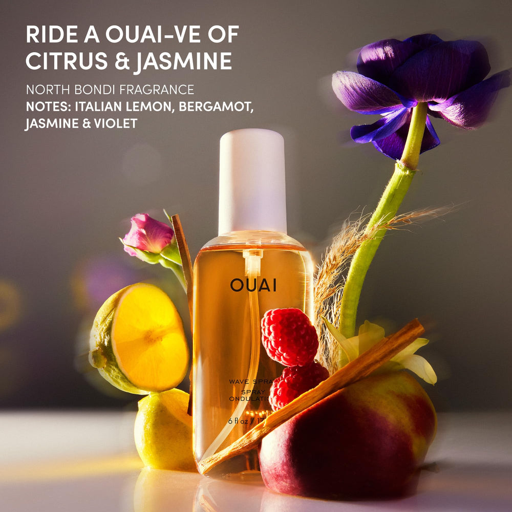 OUAI Travel Size Wave Spray compact packaging for on-the-go styling.