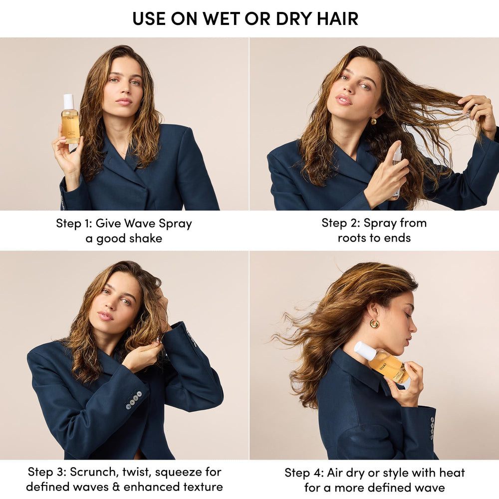 OUAI Wave Spray close-up emphasizes shine and touchable texture.