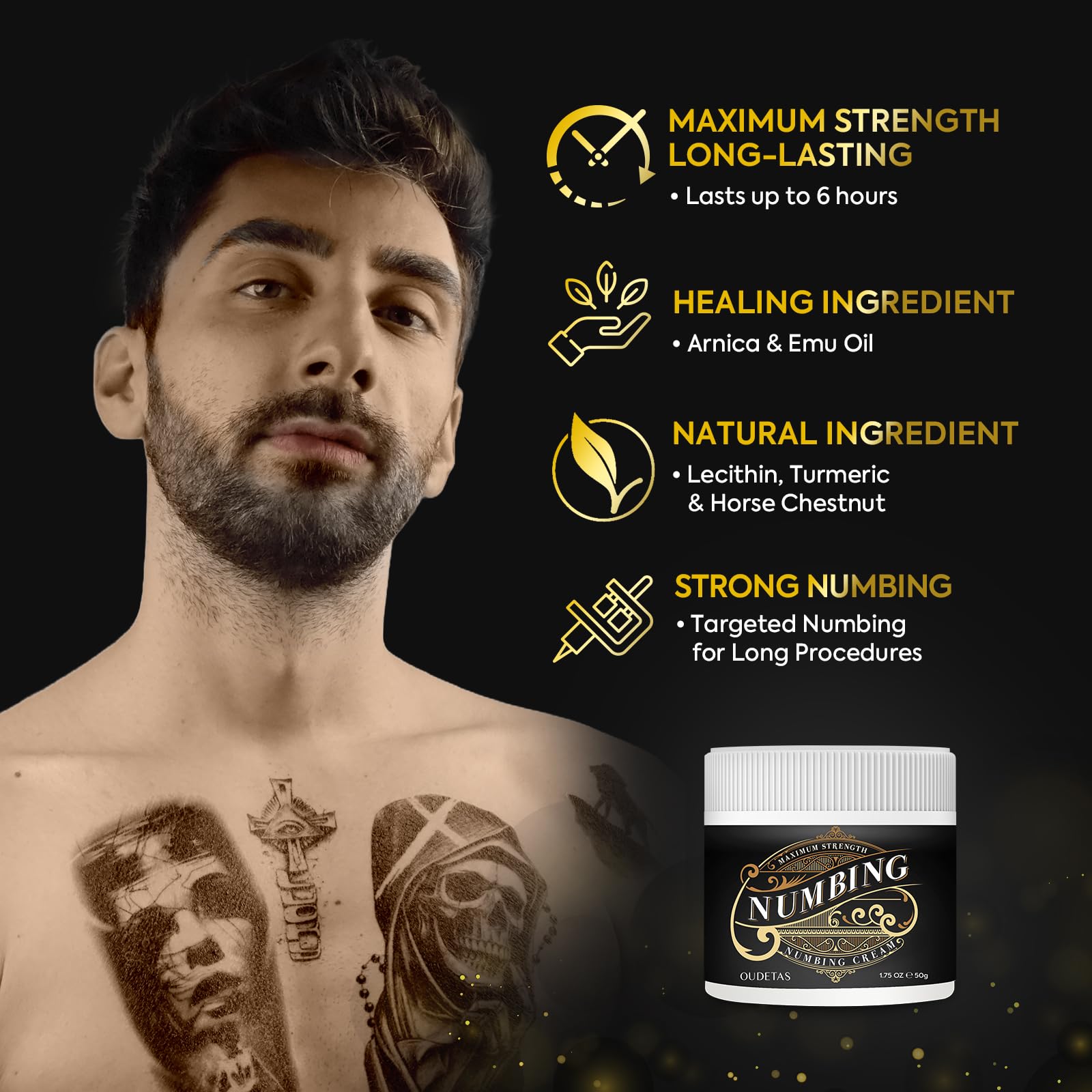 Oudetas numbing cream applied on skin for quick, targeted relief.