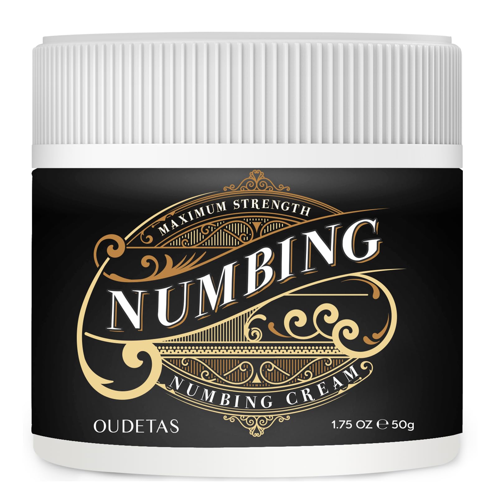 Oudetas numbing cream tube closeup—fragrance-free for sensitive skin use.