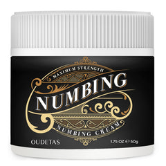 Oudetas numbing cream tube closeup—fragrance-free for sensitive skin use.