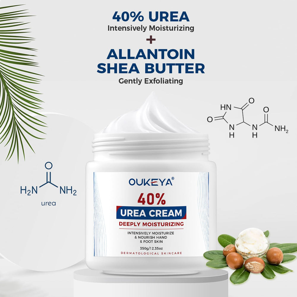 OUKEYA Urea Cream 40% on cracked heel skin indicating relief and softening