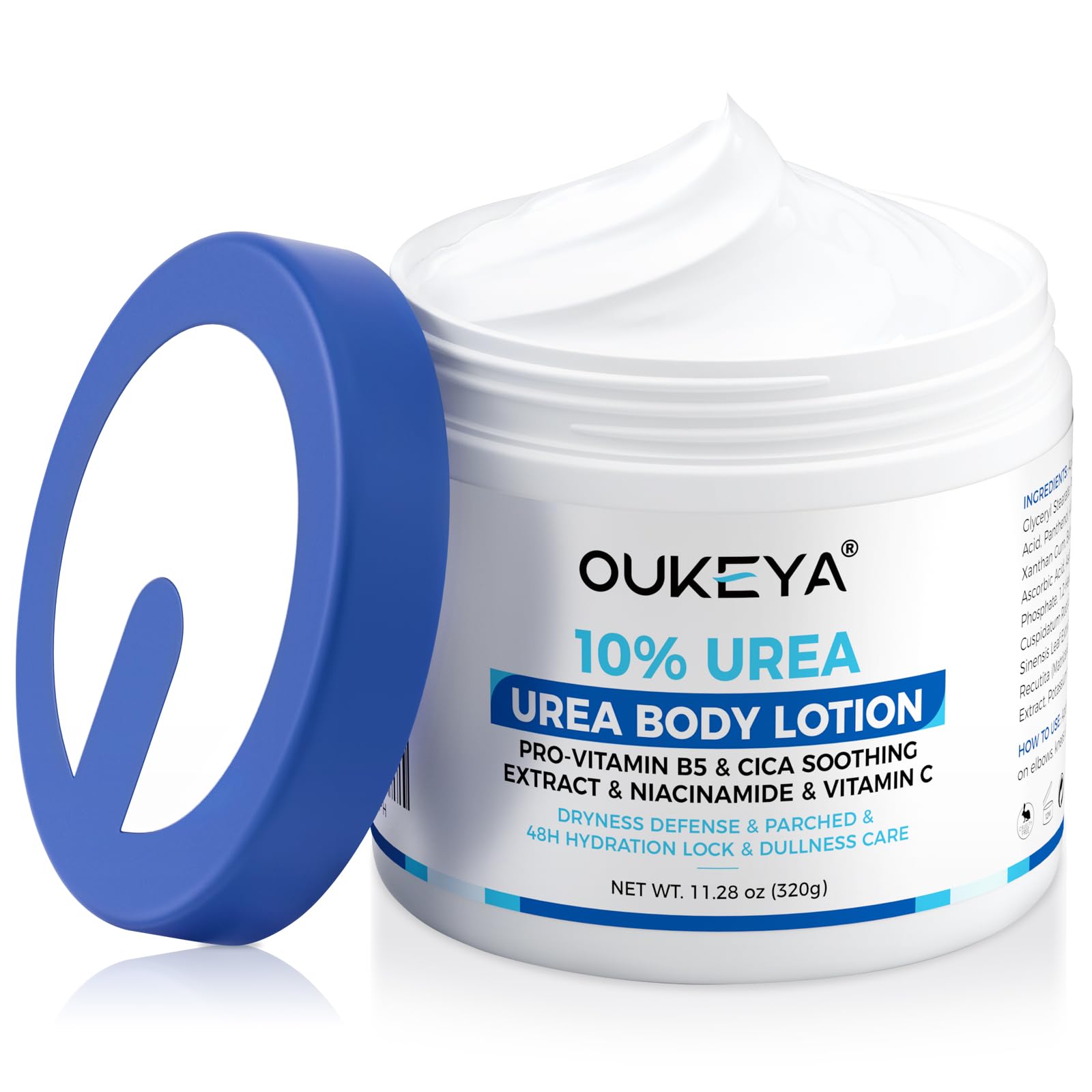 OUKEYA Urea Cream bottle with pump for deep hydration on dry skin.