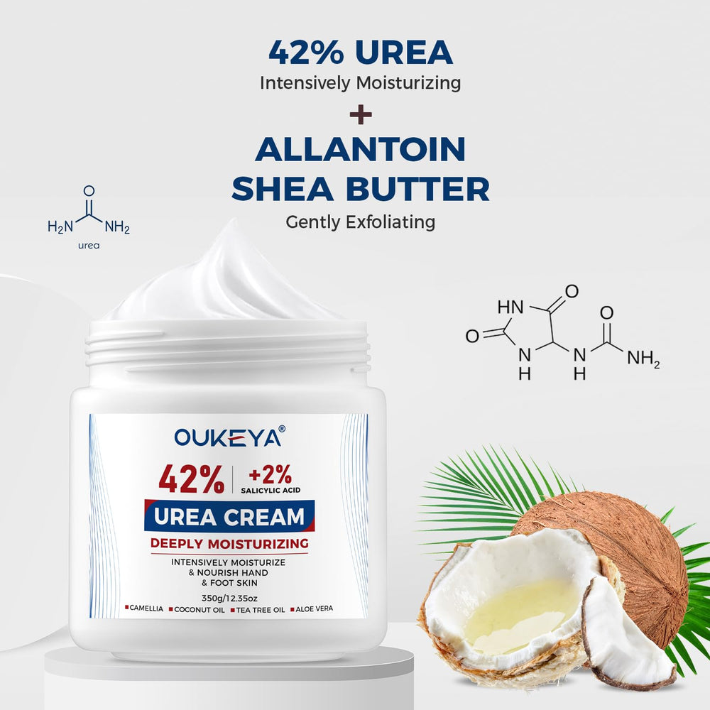 OUKEYA Urea Cream on hands demonstrates gentle skin-softening routine.